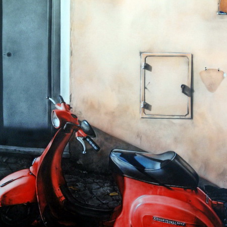 Italy, Mediterranean, still life, handmade, art, airbrush, canvas, photorealistic, painting, Rome, Vespa, rd, scooter, antique, wall, autumn, bike, motorcycle, tamas mike